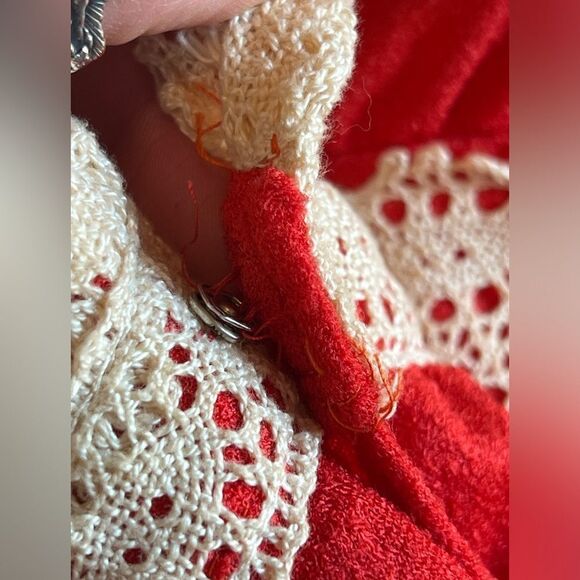 Vintage 60s 70s Gunne Sax Style Red Cream Crochet Peasant Hippie Maxi Dress - Picture 15 of 16